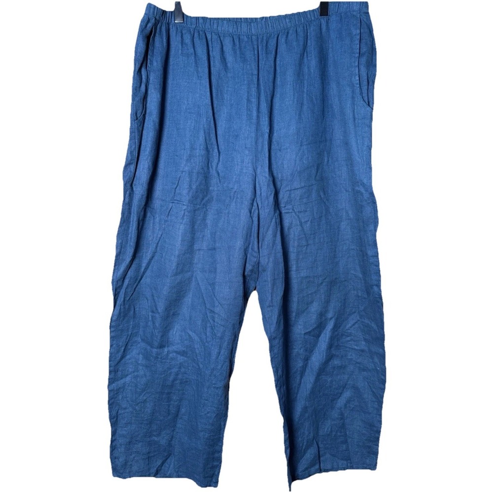 FLAX Solid Blue Pull On 100% Linen Casual Cropped Pants Pockets Size Large
